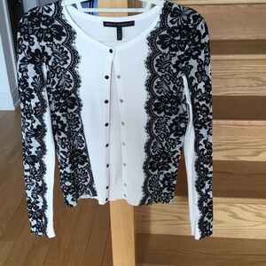 White House Black Market White & Black, Jewel Snaps Cardigan, Black Lace Panels
